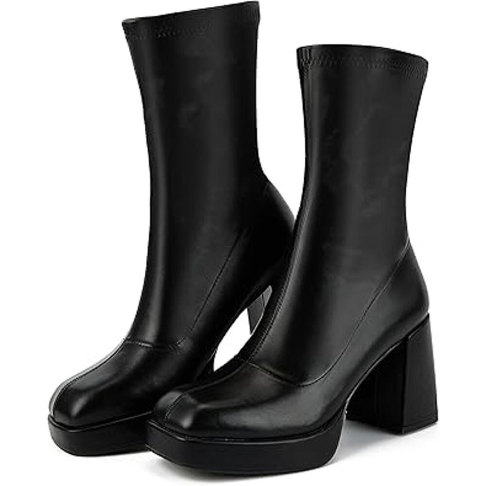 Putu Womens Size 7.5 Black Faux Leather 3.75" Platform Block Heel Pull On Boots